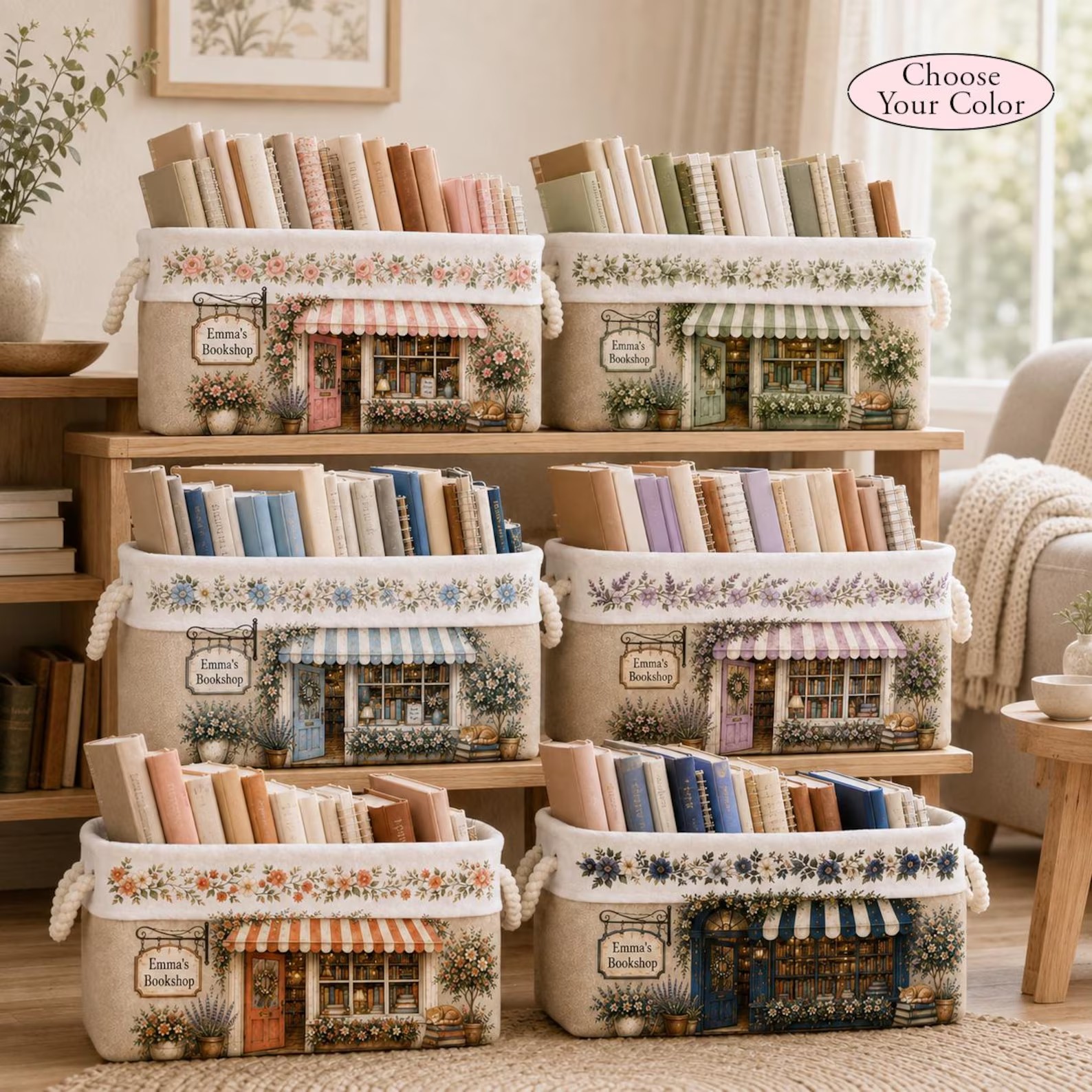 Personalized Book Organizer Basket Custom Name Linen Storage Bin for Book Lovers