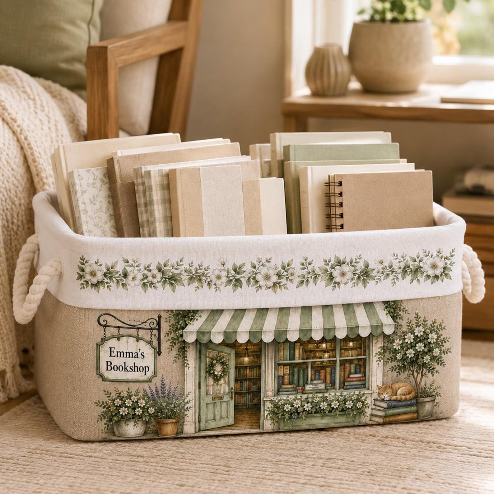 Personalized Book Organizer Basket Custom Name Linen Storage Bin for Book Lovers