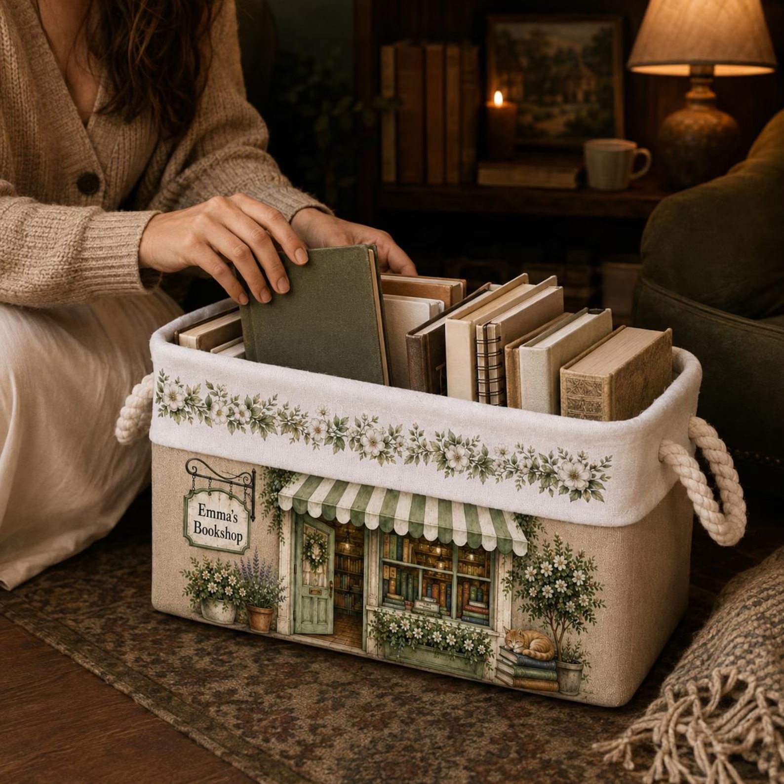 Personalized Book Organizer Basket Custom Name Linen Storage Bin for Book Lovers