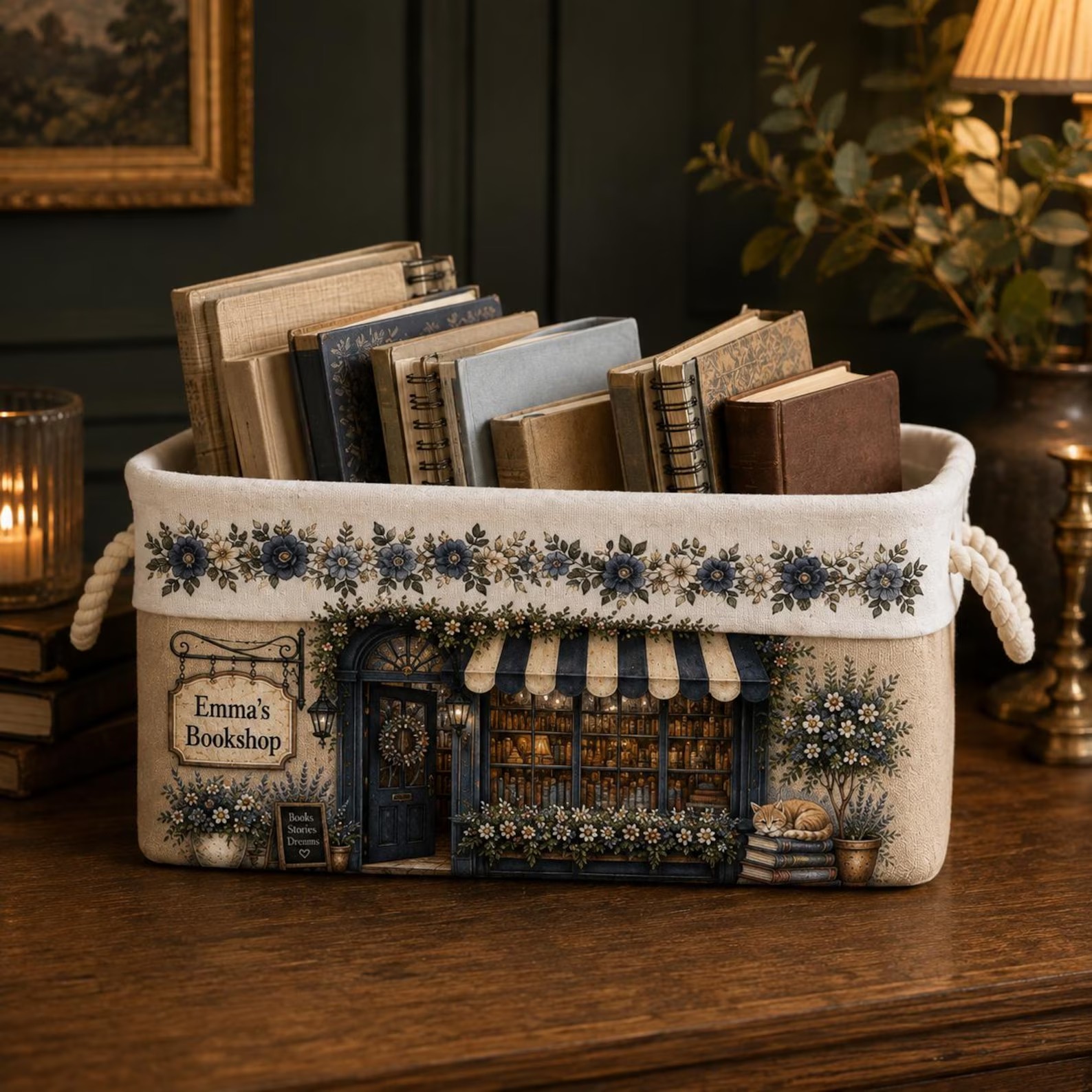 Personalized Book Organizer Basket Custom Name Linen Storage Bin for Book Lovers