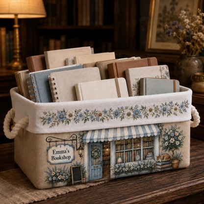 Personalized Book Organizer Basket Custom Name Linen Storage Bin for Book Lovers