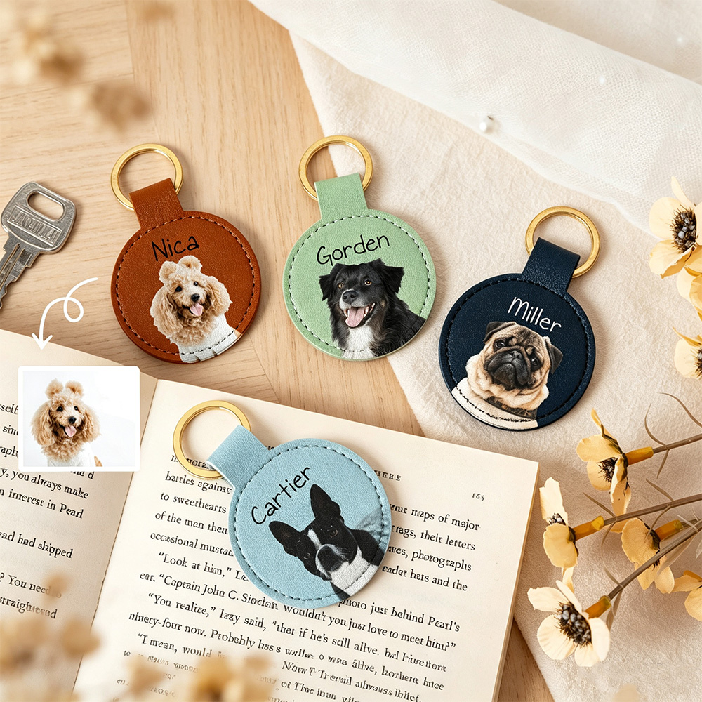 Personalized Pet Photo Leather Keychain – Custom Dog Portrait Key Ring with Name Engraving, 2” Round Gift for Pet Lovers