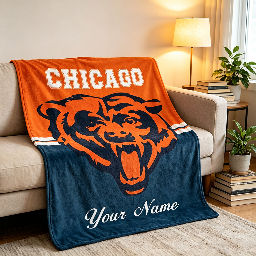 Custom Chicago Football Blanket with Name, Personalized Soft Throw, Football Fan Gift, Birthday Gift for Him or Her