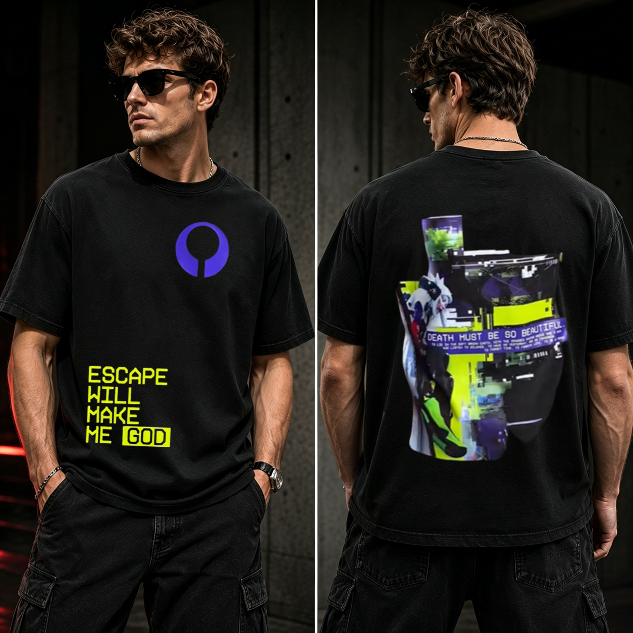 Cyberpunk Escape Will Make Me God Graphic T-Shirt – Glitchcore Streetwear Tee
