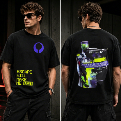 Cyberpunk Escape Will Make Me God Graphic T-Shirt – Glitchcore Streetwear Tee