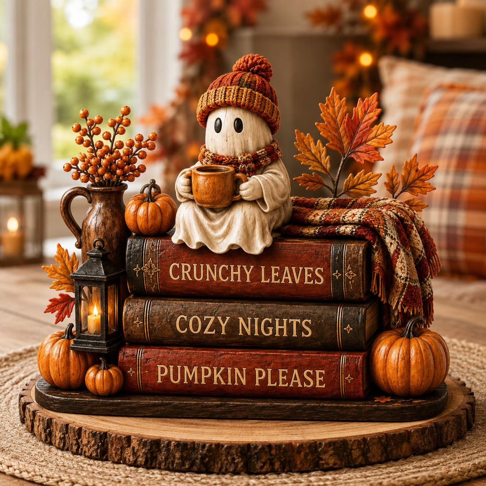 Cute Ghost Coffee Book Stack Cozy Halloween Shelf Decor