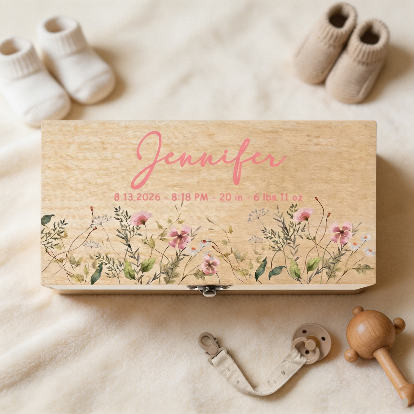 Personalized Baby Memory Box with Name and Birth Details, Wildflower Wooden Keepsake Box, Newborn Baby Shower Gift for New Parents