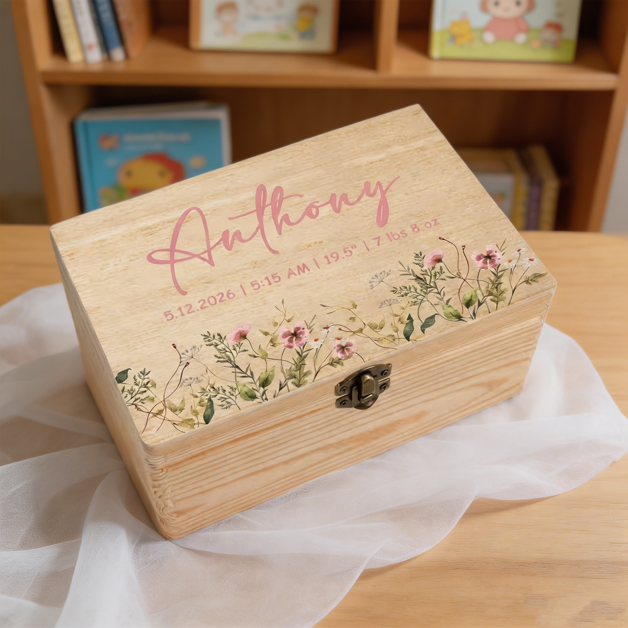 Personalized Baby Memory Box with Name and Birth Details, Wildflower Wooden Keepsake Box, Newborn Baby Shower Gift for New Parents