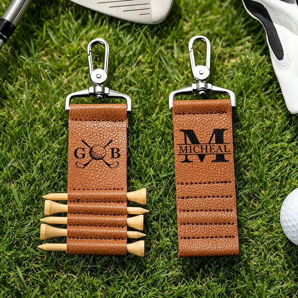 Personalized PU Leather Golf Tee Holder, Custom Monogram Golf Tee Holder with Name & 5 Bamboo Golf Tees, Golf Gift for Men Women