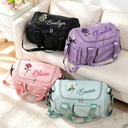 Personalized Birth Flower Travel Duffel Bag with Custom Name, Large Capacity Nylon Weekender Bag for Gym and Overnight Trips