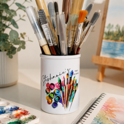 Personalized Ceramic Paint Brush Holder with Name | Custom Artist Brush Pot | Handmade Art Studio Desk Organizer Gift for Painter