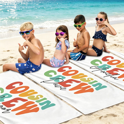 Personalized Cousin Crew Beach Towel with Custom Name, Oversized Quick-Dry Microfiber Towel for Summer, Pool & Beach