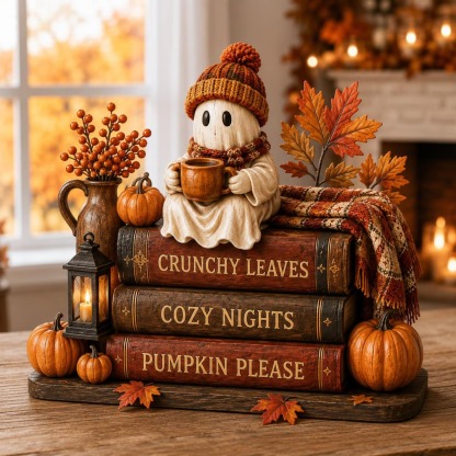 Cute Ghost Coffee Book Stack Cozy Halloween Shelf Decor