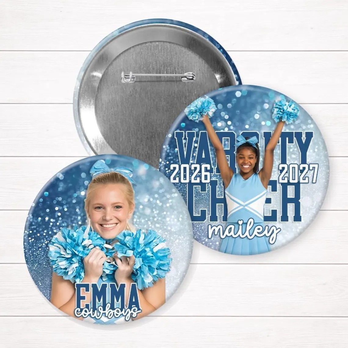 Personalized Cheer Photo Button, Custom Photo & Text Pin, Dance Pom Team Senior Night Keepsake