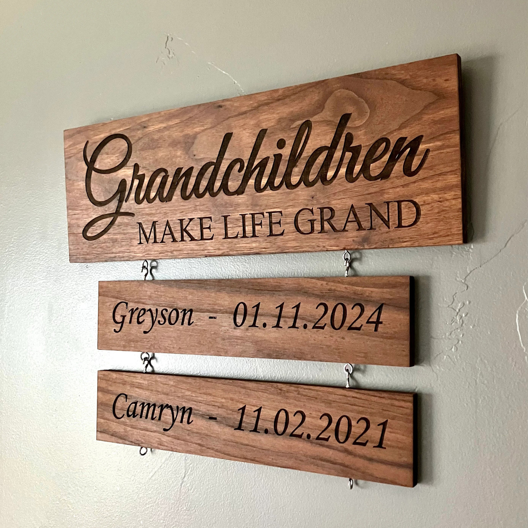 Personalized Grandparent Walnut Sign Custom Grandkids Names and Birthdates Gift for Grandma and Grandpa