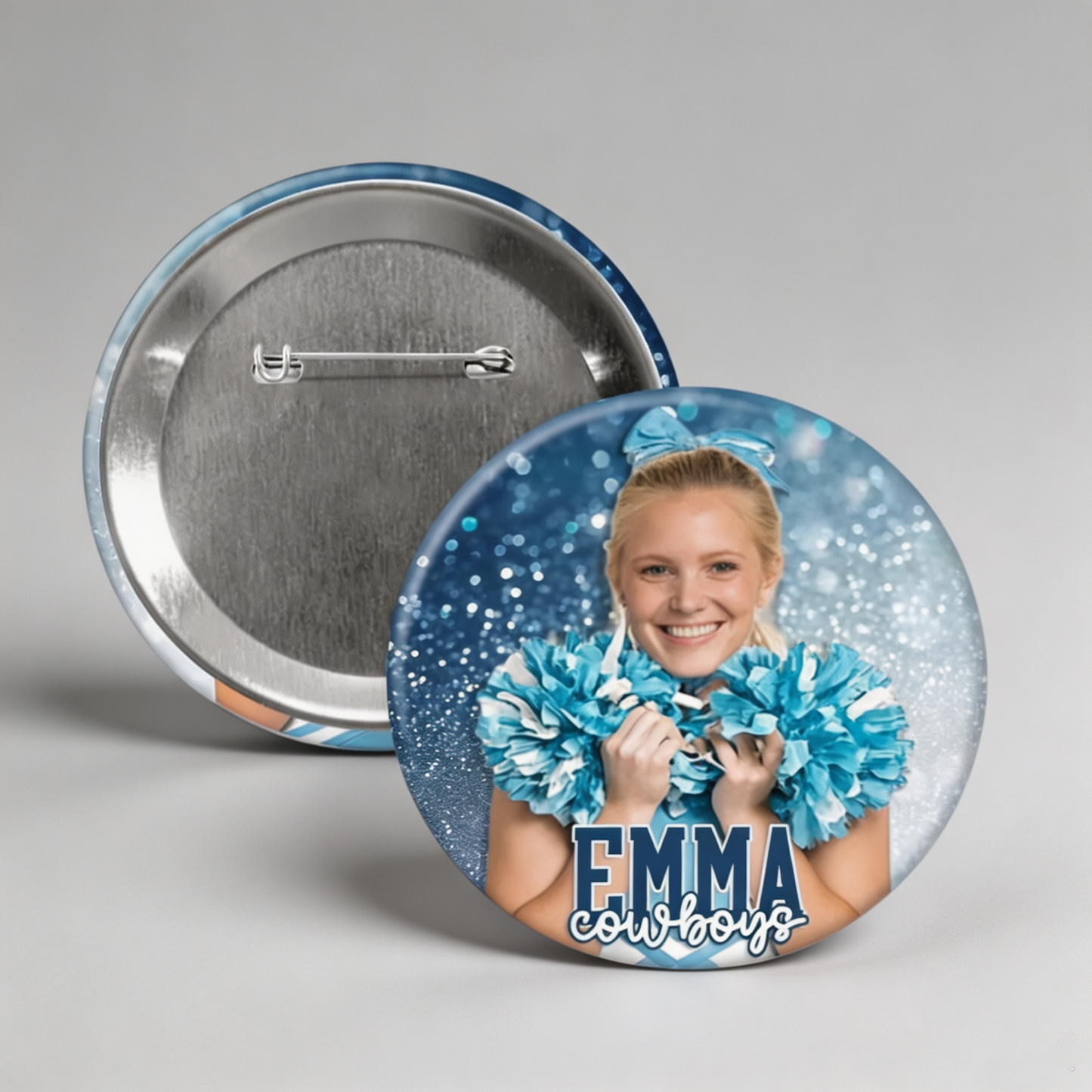 Personalized Cheer Photo Button, Custom Photo & Text Pin, Dance Pom Team Senior Night Keepsake