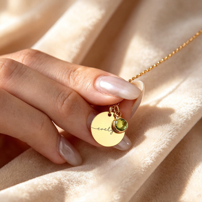 Personalized Name Necklace with Birthstone, Custom Engraved Disc Pendant Necklace, Meaningful Jewelry Gift for Her