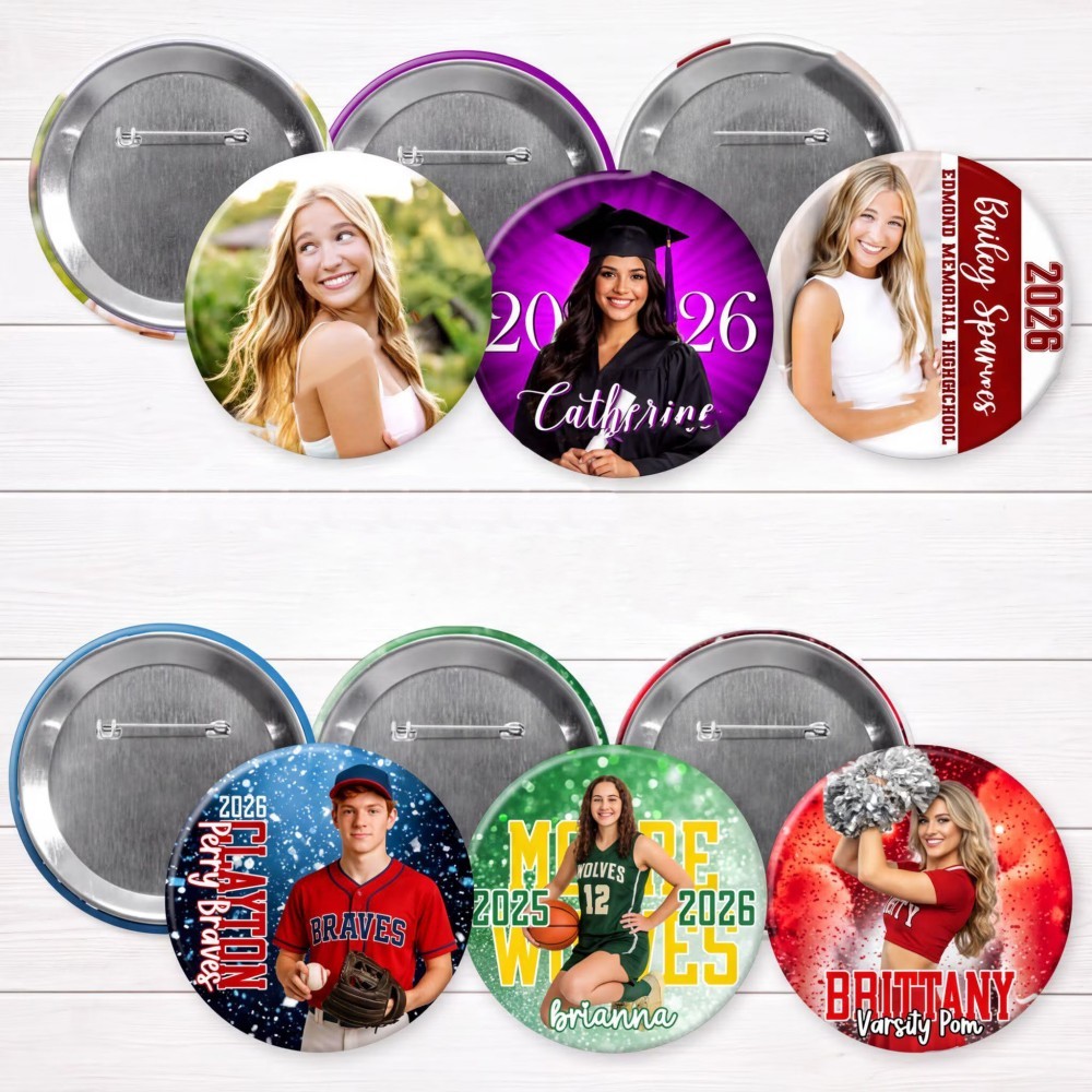 Personalized Sports Photo Button, Custom Photo & Text Pin Back Badge, Game Day & Senior Night Keepsake