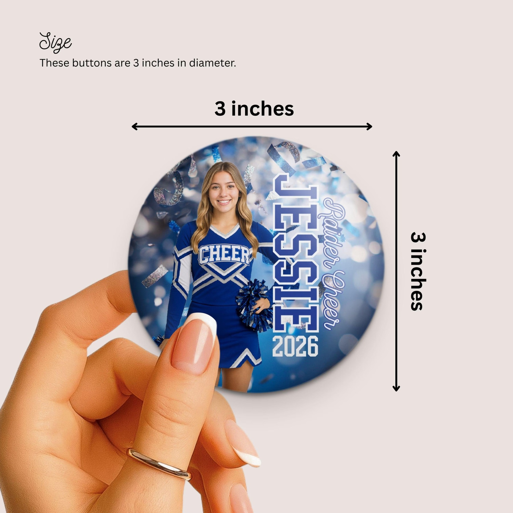 Personalized Sports Photo Button Custom Photo and Text Pinback for Cheer Dance Soccer Softball Volleyball and Senior Night 2.25 2.5 and 3 Inch