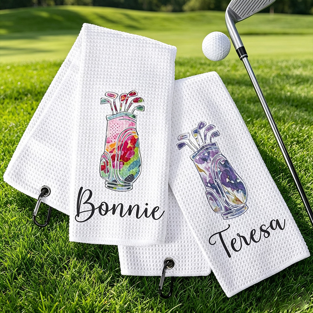 Personalised Watercolour Golf Bag Waffle Towel with Name, Absorbent Golf Towel with Hanging Clip, Birthday Gift for Golfers