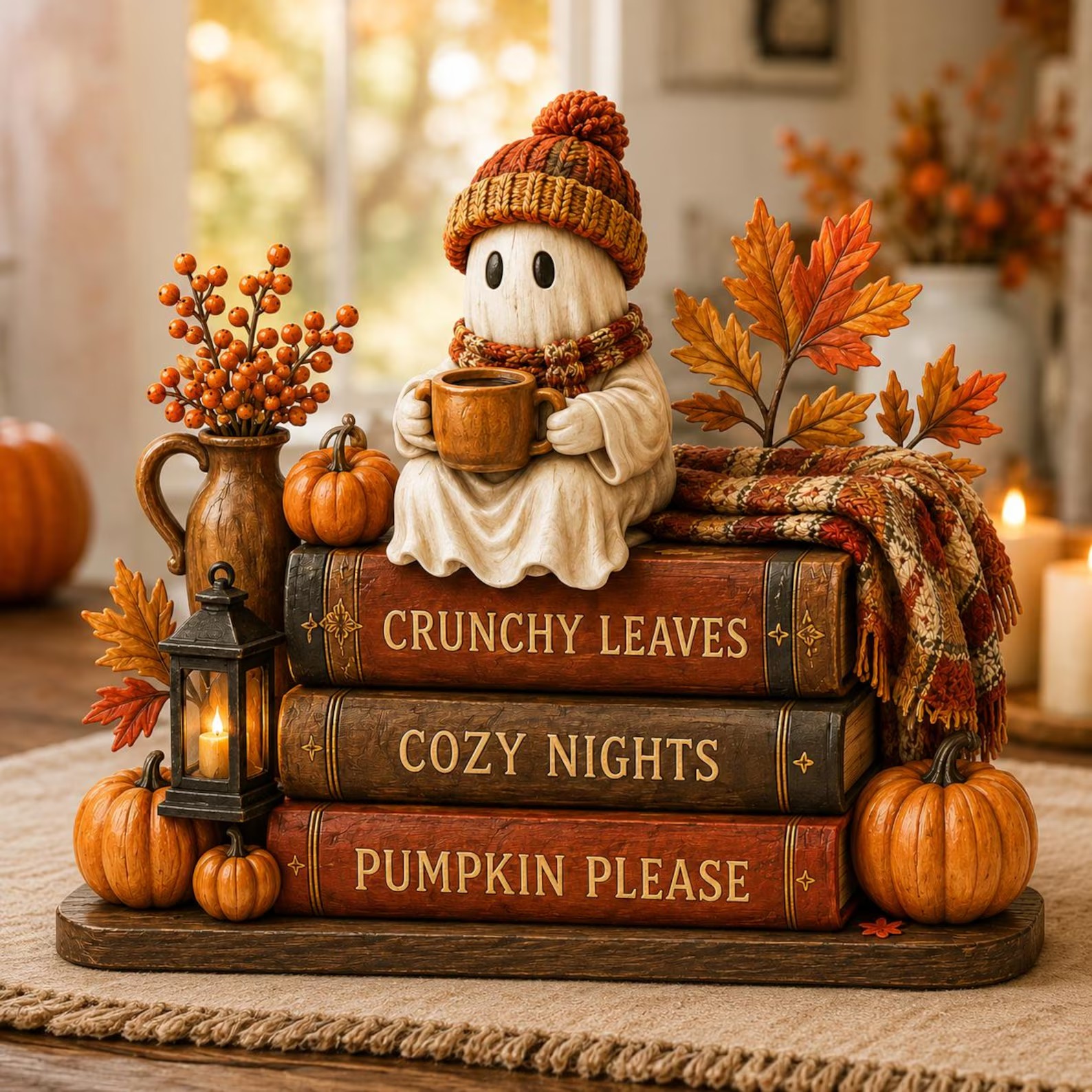 Cute Ghost Coffee Book Stack Cozy Halloween Shelf Decor