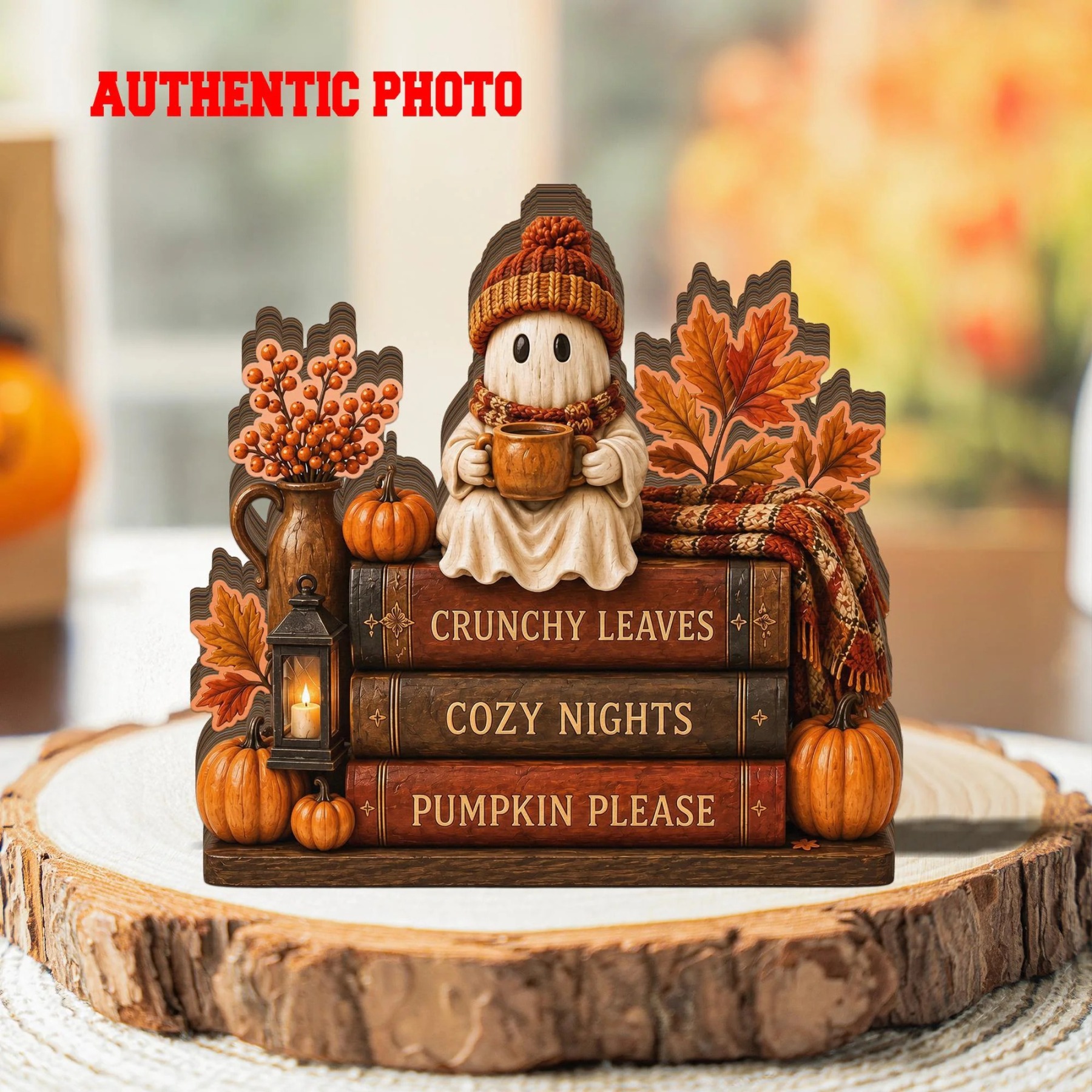 Cute Ghost Coffee Book Stack Cozy Halloween Shelf Decor