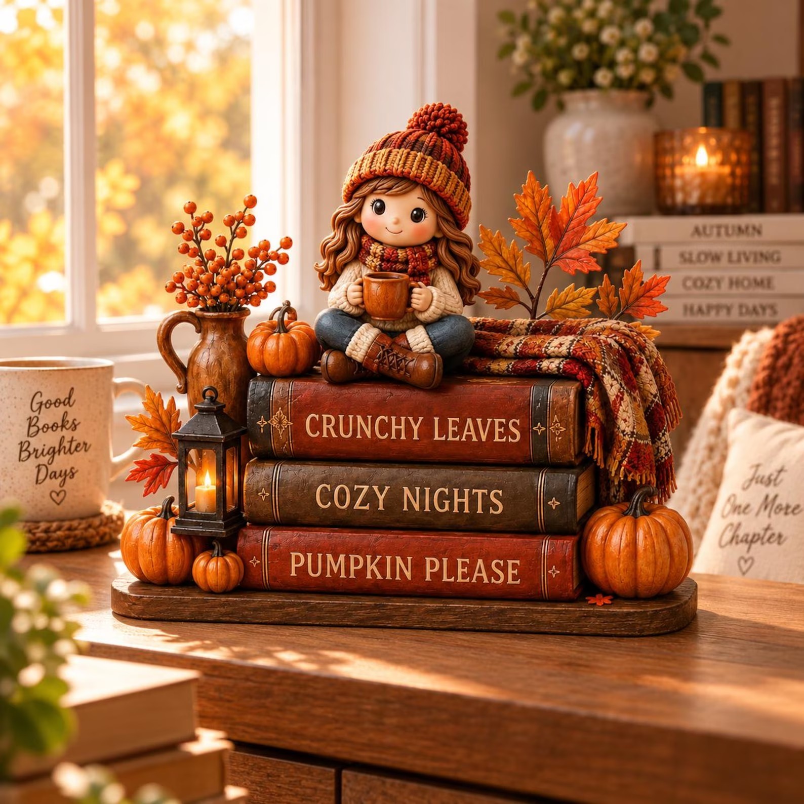 Cute Ghost Coffee Book Stack Cozy Halloween Shelf Decor