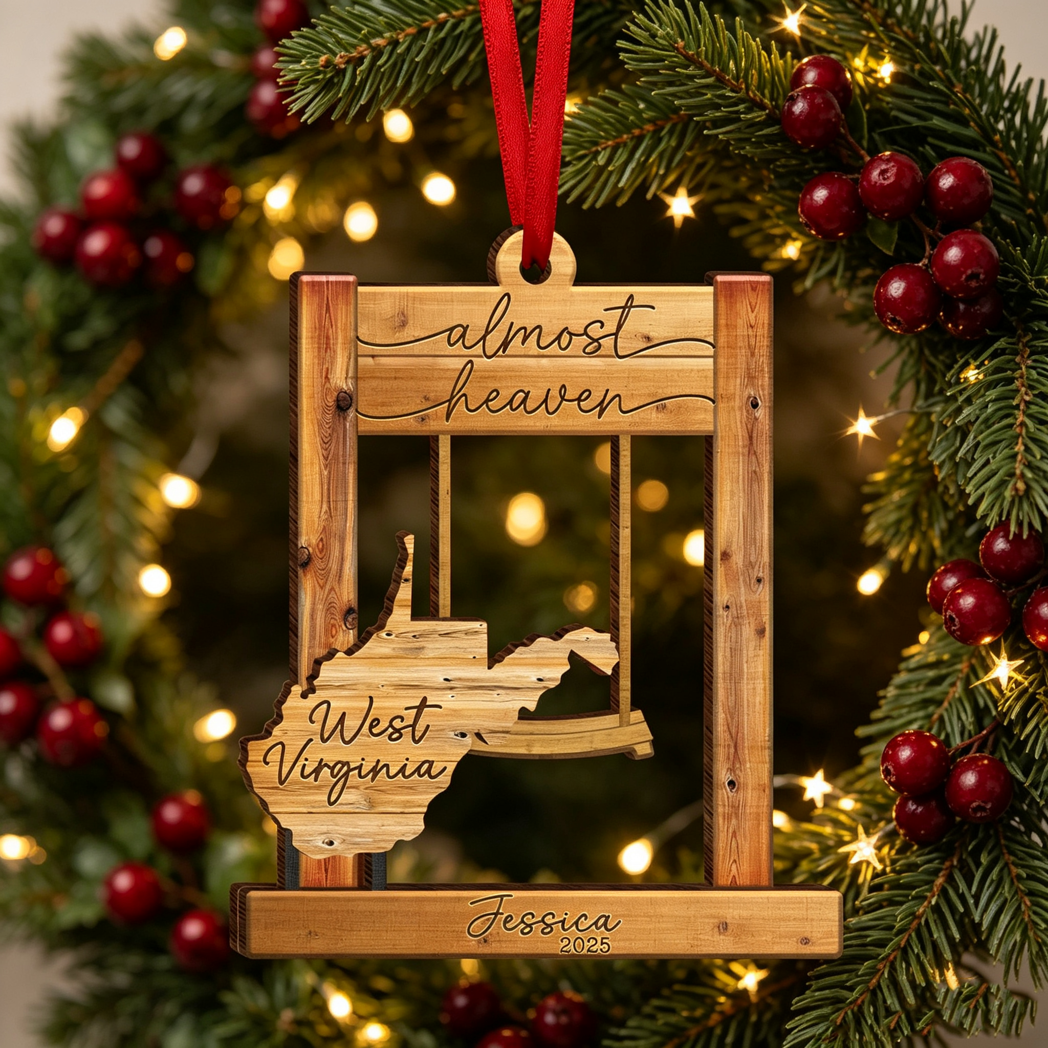 Personalized West Virginia Swing Ornament – “Almost Heaven” Layered Wooden State Keepsake, Custom WV Home Decor Gift