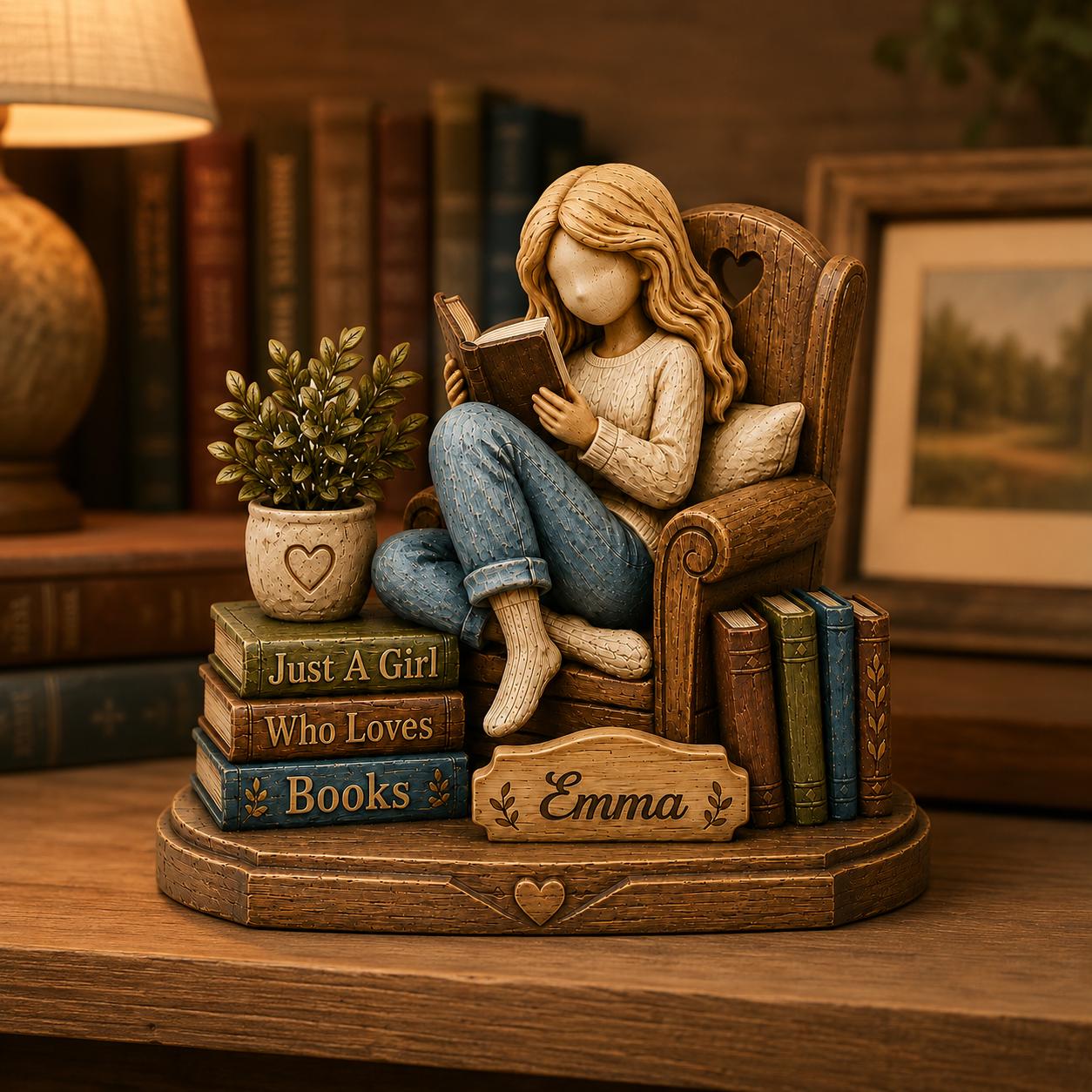 Personalized Reading Girl Wooden Decor Custom Name Gift for Book Lovers and Avid Readers