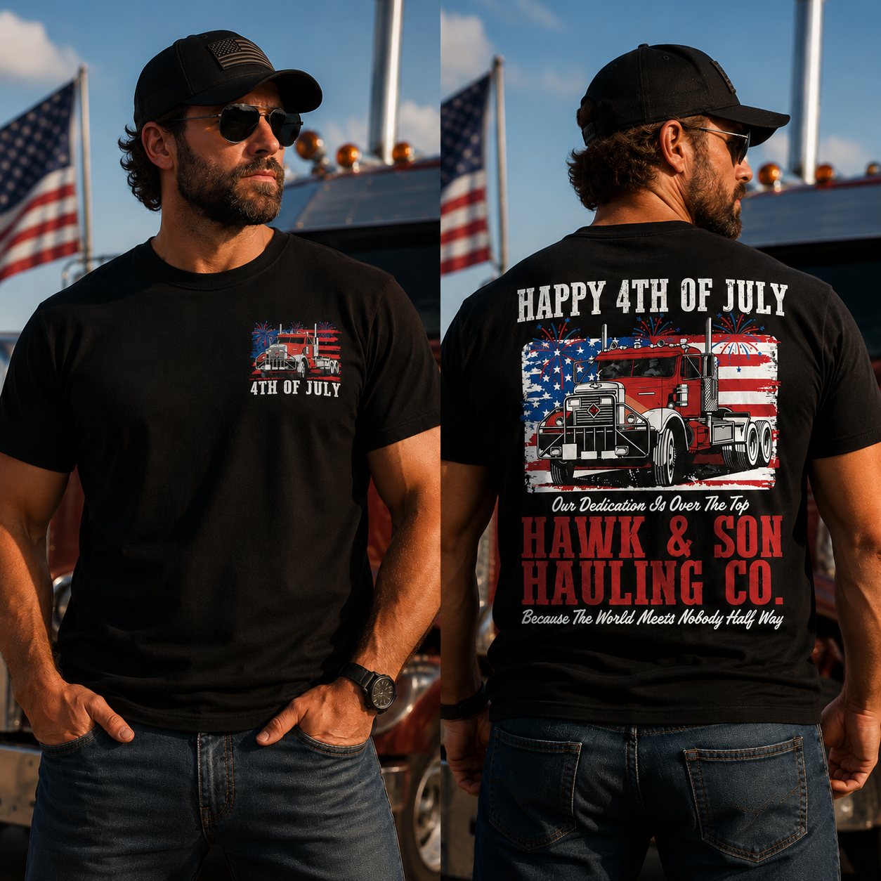 Hawk & Son Hauling Co Men’s Patriotic 4th of July Truck Graphic T-Shirt