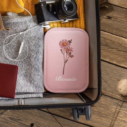 Personalized Birth Flower Leather Travel Jewelry Box with Name & LED Lighted Makeup Mirror, Custom Portable Jewelry Organizer Birthday Gift for Women