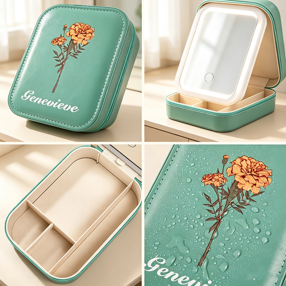 Personalized Birth Flower Leather Travel Jewelry Box with Name & LED Lighted Makeup Mirror, Custom Portable Jewelry Organizer Birthday Gift for Women