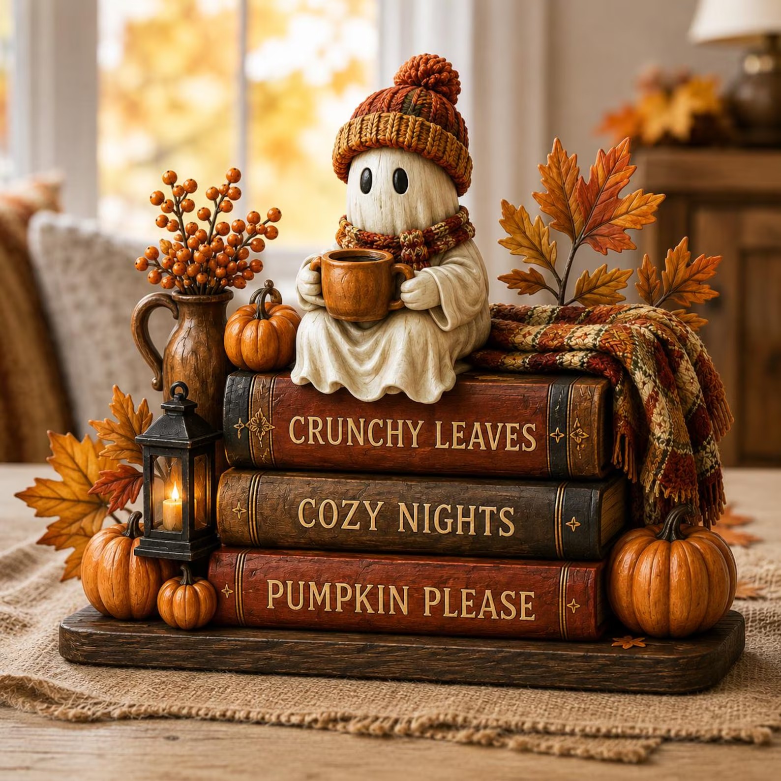 Cute Ghost Coffee Book Stack Cozy Halloween Shelf Decor