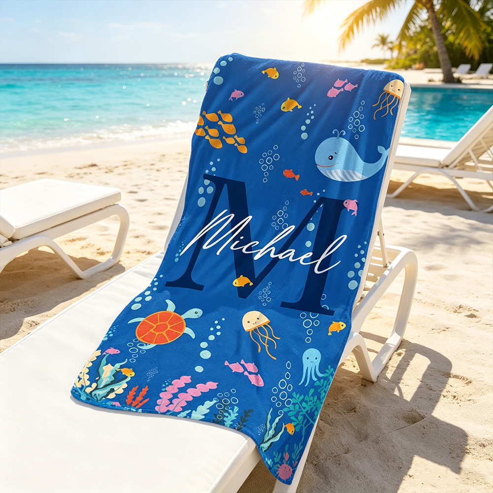 Personalized Ocean World Kids Beach Towel, Custom Name & Initial Oversized Quick-Dry Microfiber Towel, Gift for Boys & Girls