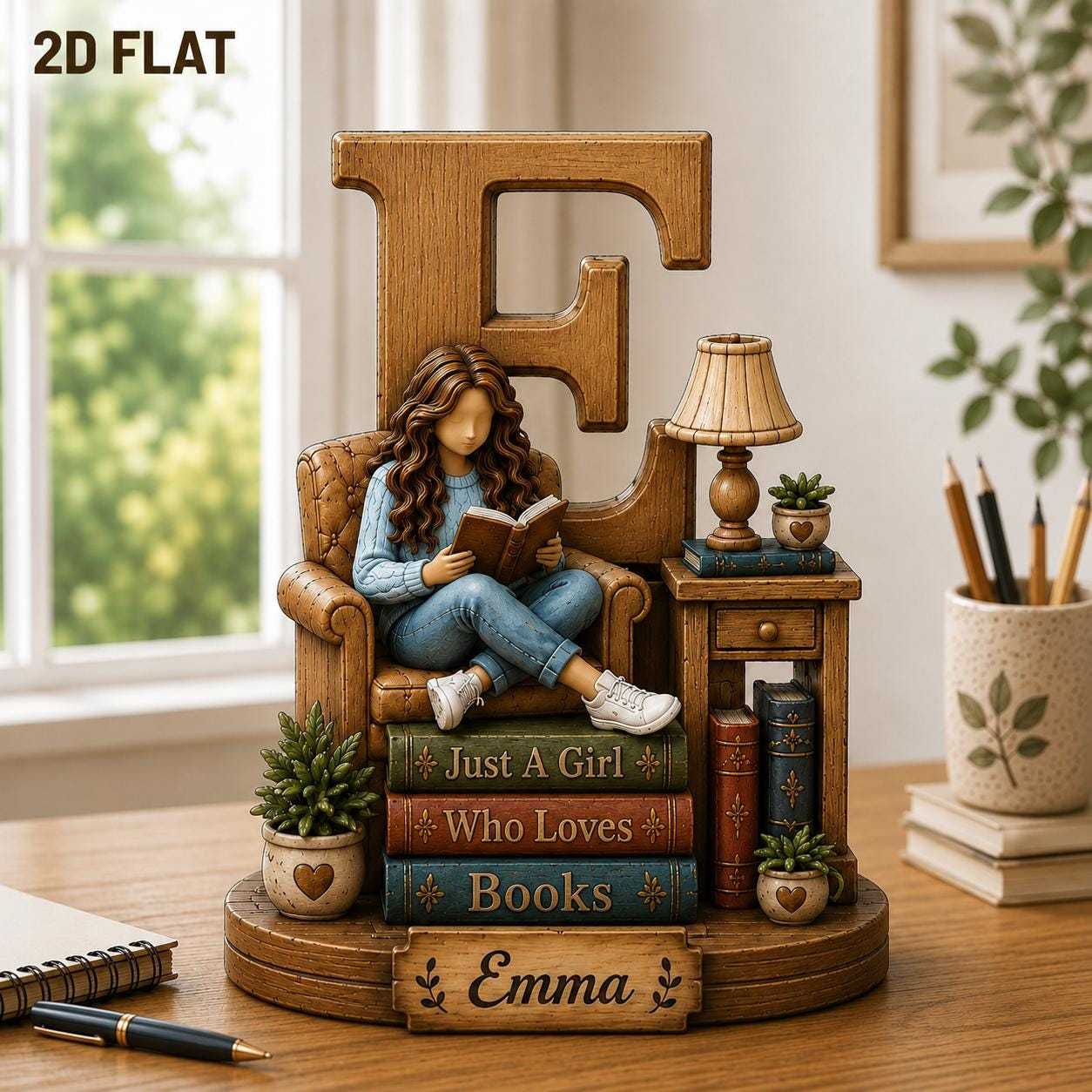 Personalized Book Lover Wooden Shelf Decor Custom Initial and Name Gift for Readers