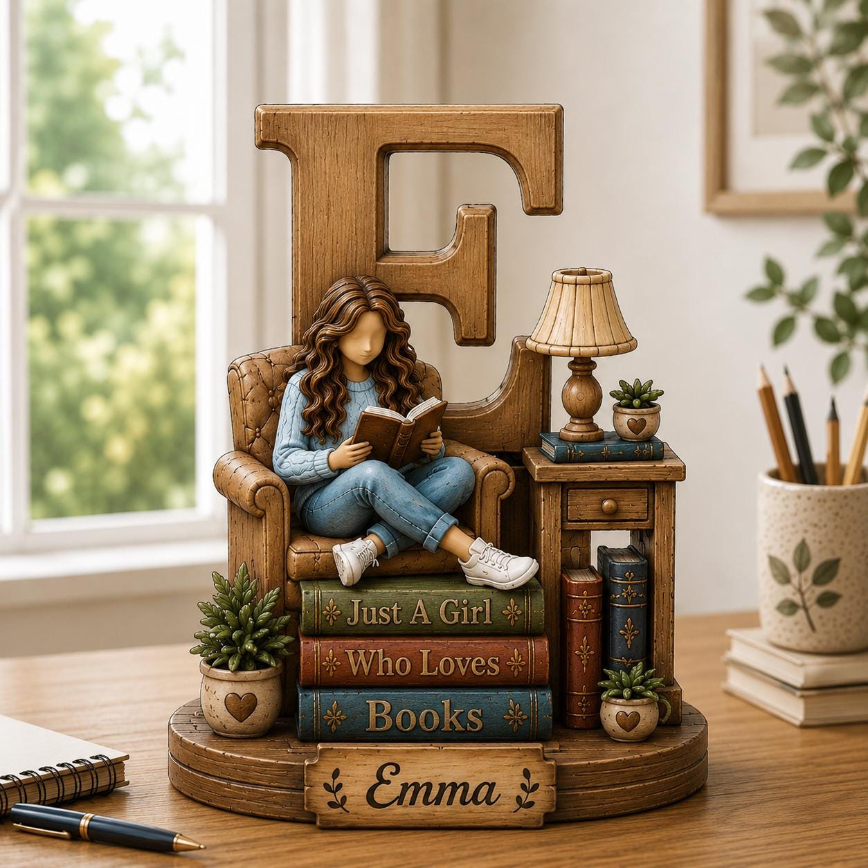Personalized Book Lover Wooden Shelf Decor Custom Initial and Name Gift for Readers