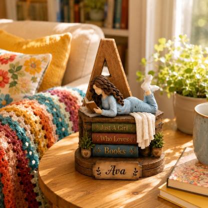 Personalized Book Lover Wooden Shelf Decor Custom Initial and Name Gift for Readers