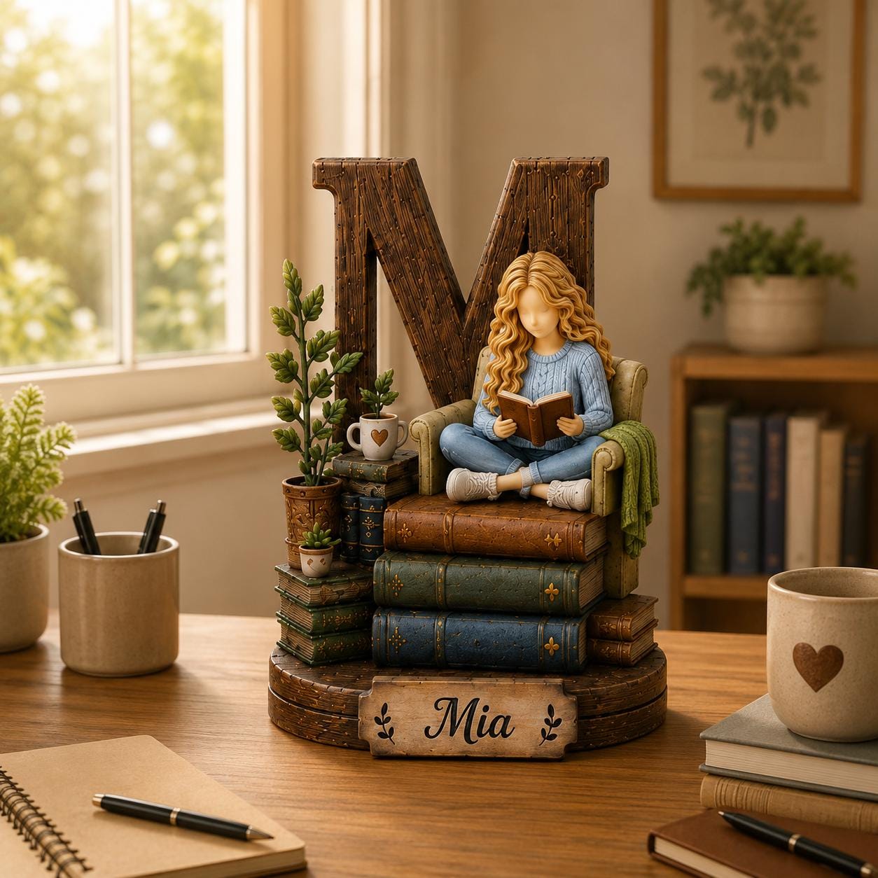 Personalized Book Lover Wooden Shelf Decor Custom Initial and Name Gift for Readers