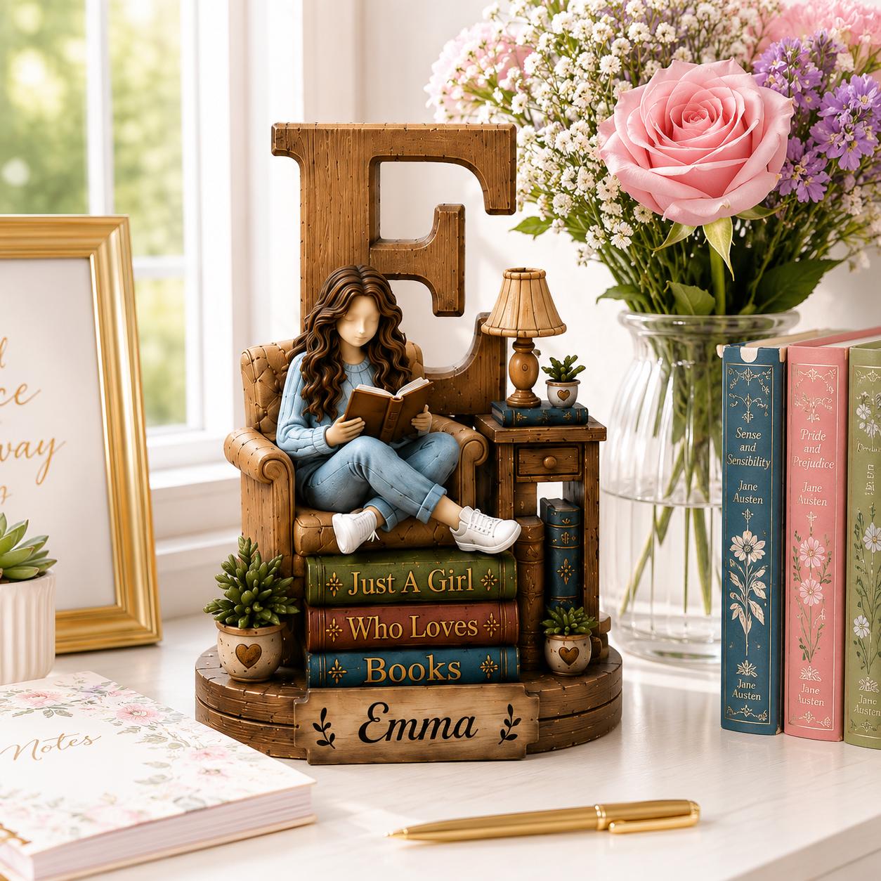 Personalized Book Lover Wooden Shelf Decor Custom Initial and Name Gift for Readers