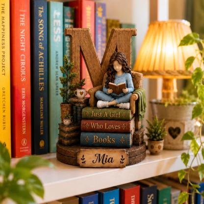 Personalized Book Lover Wooden Shelf Decor Custom Initial and Name Gift for Readers