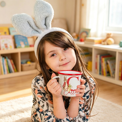 Personalised Watercolour Bunny Enamel Mug with Initial and Name, 12oz Children’s Camping Cup, Easter Birthday Gift for Kids