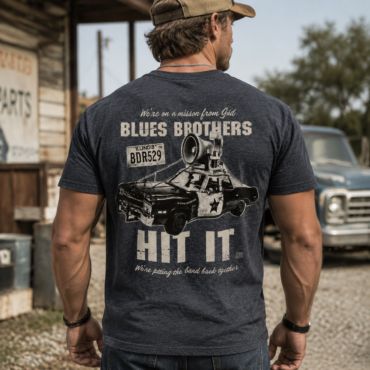 Blues Brothers "Hit It" Vintage Graphic Tee – Mission From God Retro Car & Loudspeaker Design T-Shirt
