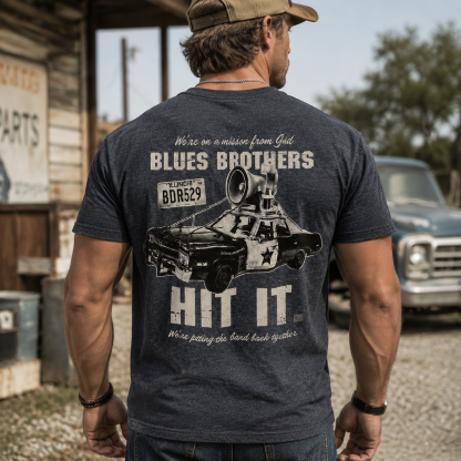 Blues Brothers "Hit It" Vintage Graphic Tee – Mission From God Retro Car & Loudspeaker Design T-Shirt
