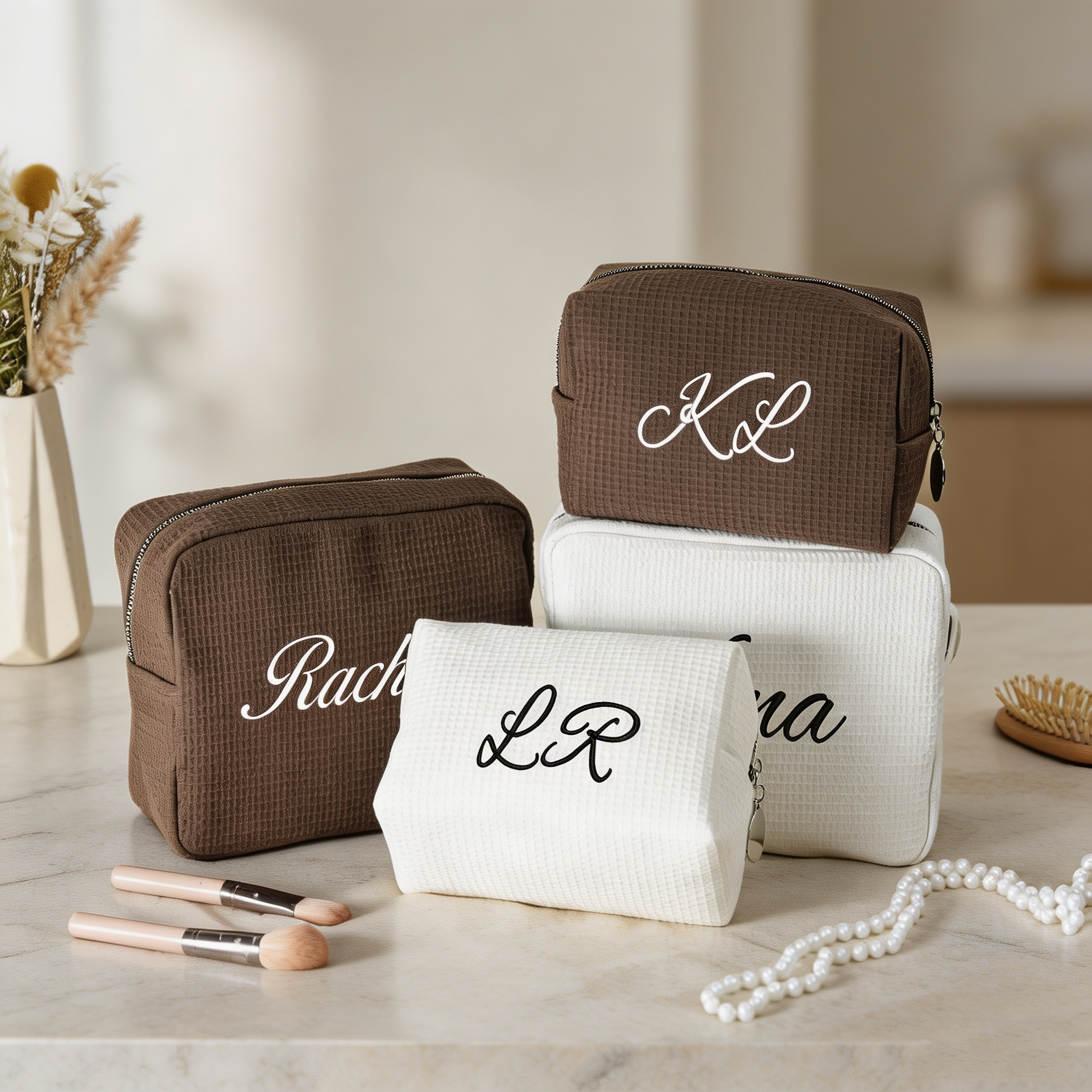 Personalized Waffle Cosmetic Bag, Custom Embroidered Makeup Bag, Monogram Toiletry Pouch, Bridesmaid Gift, Bridal Shower Gift, Gift for Her