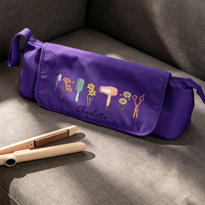 Personalized Hair Tools Travel Bag with Birth Flower, Custom Cosmetic Organizer for Hair Dryer, Curling Iron & Styling Accessories