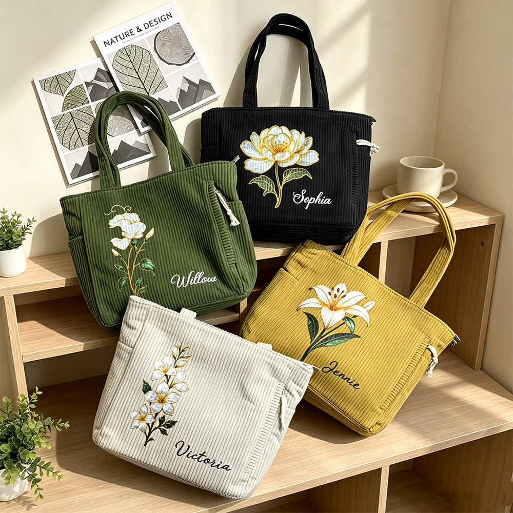 Personalized Birth Flower Corduroy Tote Bag with Name, Large Capacity Floral Shoulder Bag, Birthday Gift for Women