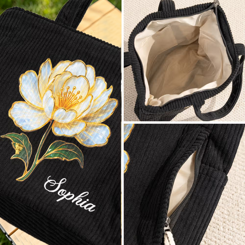 Personalized Birth Flower Corduroy Tote Bag with Name, Large Capacity Floral Shoulder Bag, Birthday Gift for Women