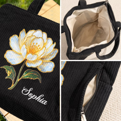 Personalized Birth Flower Corduroy Tote Bag with Name, Large Capacity Floral Shoulder Bag, Birthday Gift for Women