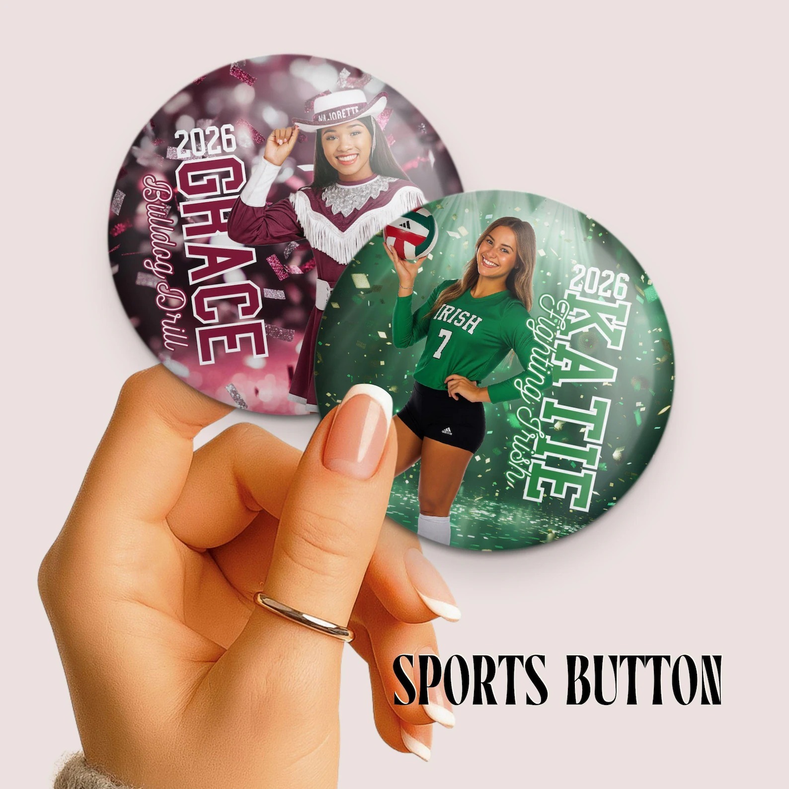 Personalized Sports Photo Button Custom Photo and Text Pinback for Cheer Dance Soccer Softball Volleyball and Senior Night 2.25 2.5 and 3 Inch
