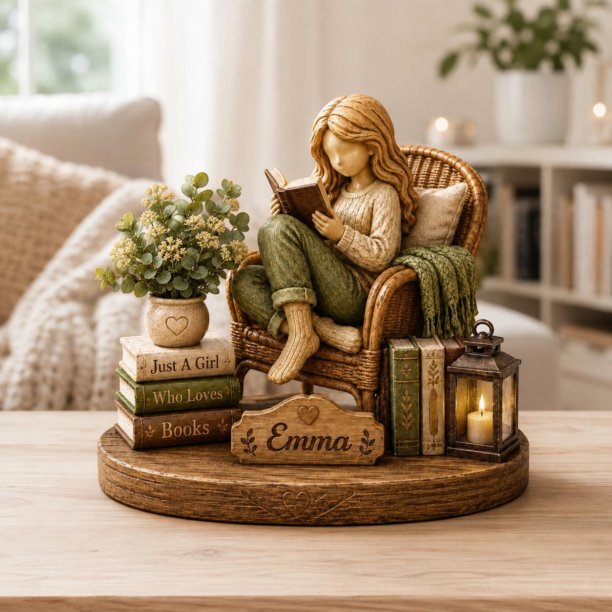Personalized Reading Girl Wooden Decor Custom Name Gift for Book Lovers and Avid Readers